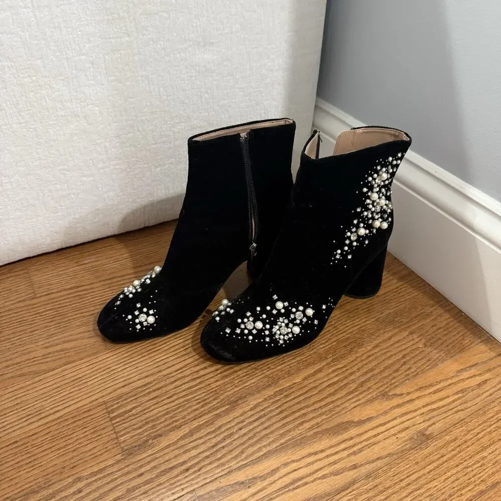 Zara Velvet Embellished Pearl Rhinestone Quiet Luxury Zip Up Ankle Bootie EU 38
